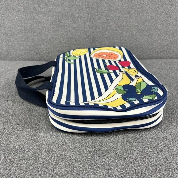 Tory Burch Cosmetic Bag Travel Toiletry Organizer Blue White Stripe Fruit Print - Picture 9 of 16